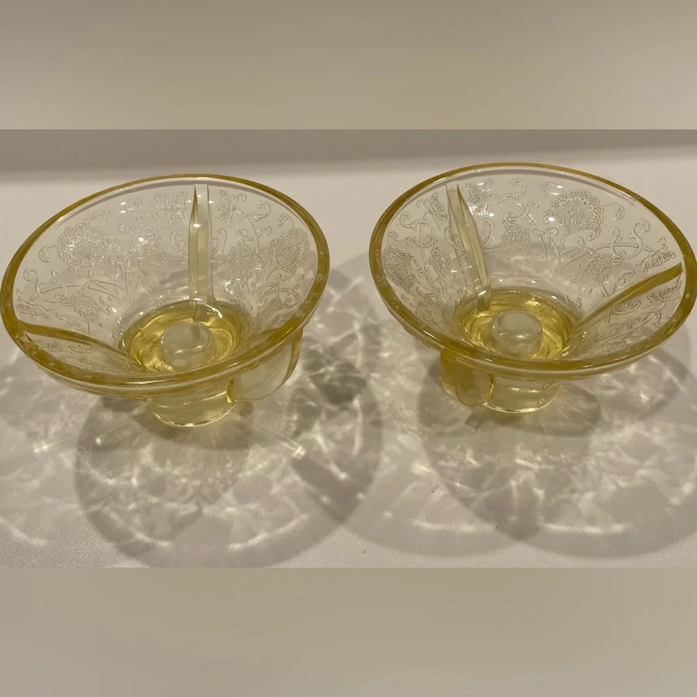 Pair (2) Hazel Atlas Candlestick Holders Yellow “Poppy” Depression Glass | EUC